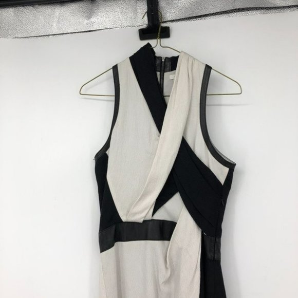 HELMUT LANG TWISTED DRAPE GRAINED VISCOSE LEATHER  TRIM DRESS Black White - Picture 14 of 16